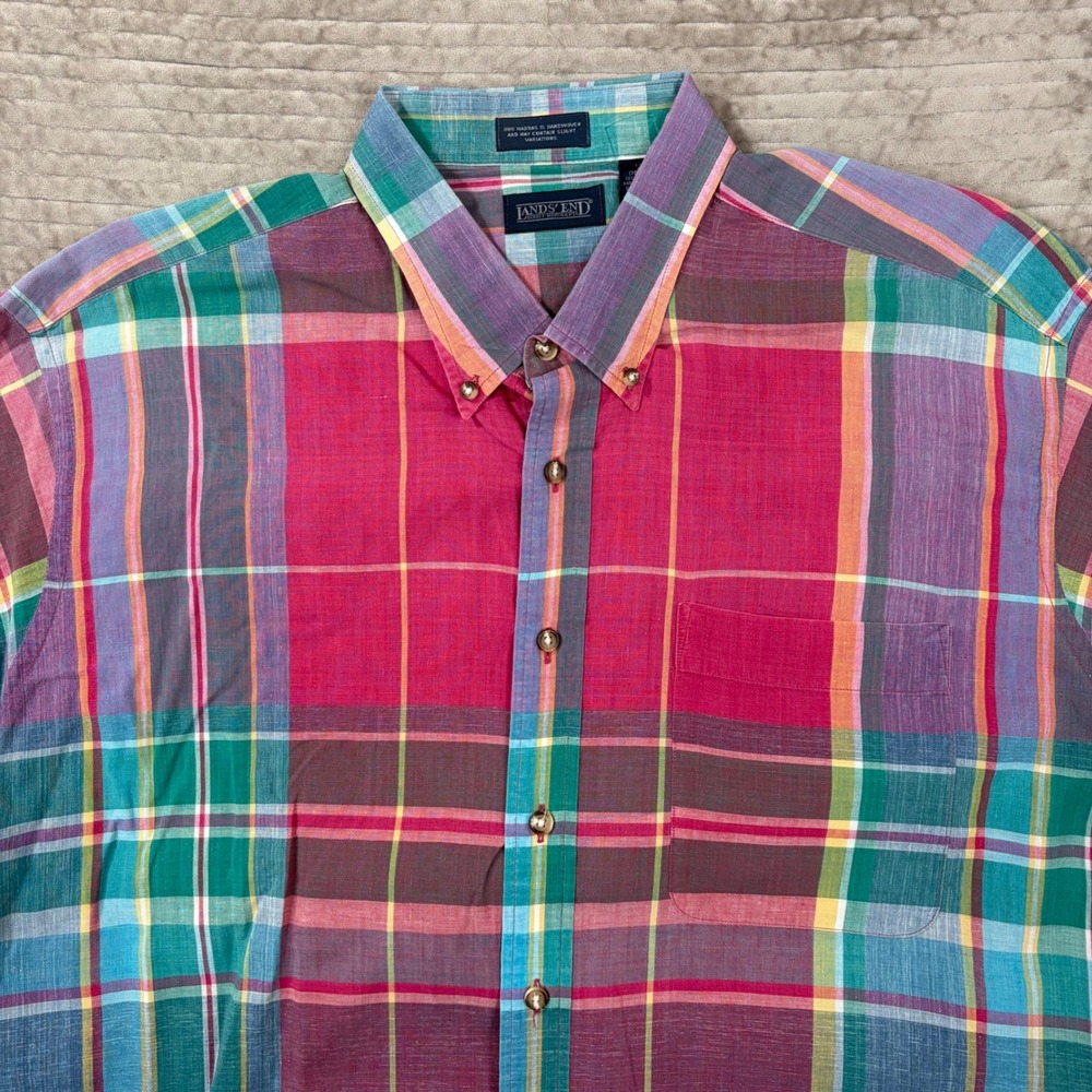 Vintage Lands End Mens XXL Madras Plaid Short Sleeve Button Down Shirt Pink USA - Picture 2 of 7